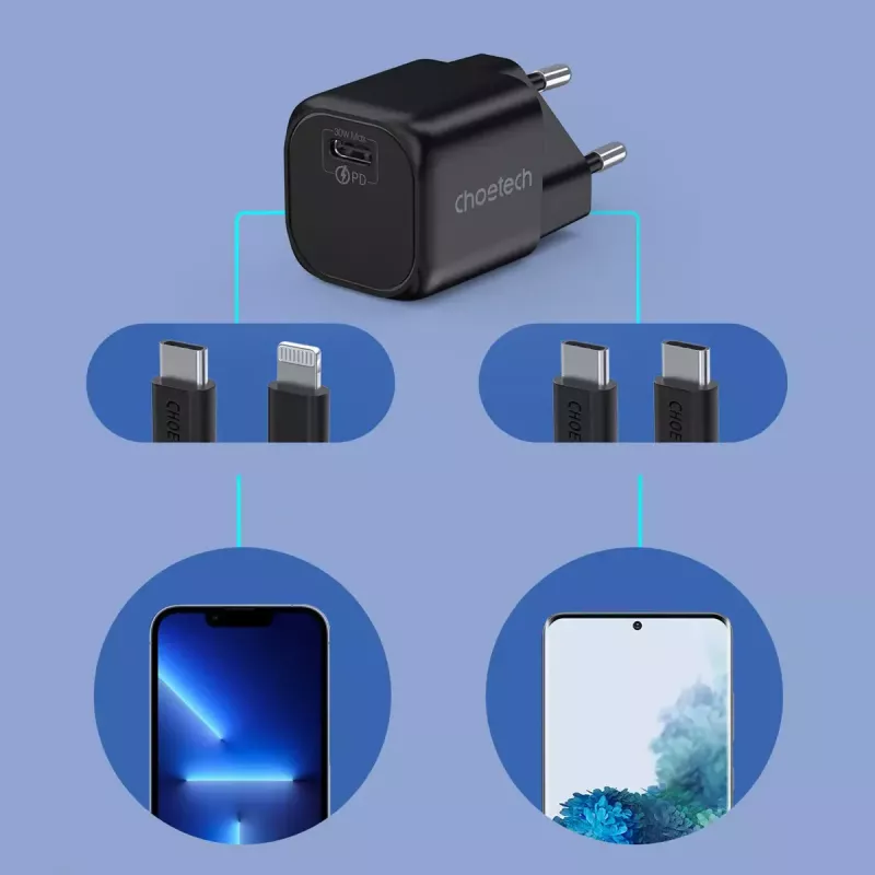 Carregador CHOETECH PD5007 30W USB-C Power Delivery carregamento rápido para telefones e tablets