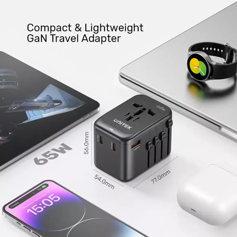 Adaptador de viagem UNITEK P1122ABK01 universal preto Type-C G I