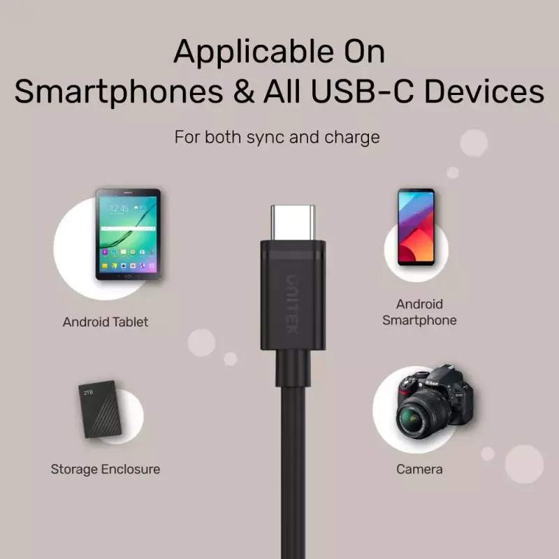Cabo USB-C para USB-C Unitek Y-C477BK01-2M, USB 3.2 Gen 1, 2 m, 5 Gbit/s, PD 60 W, preto