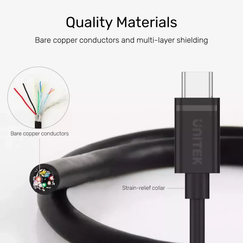 Cabo USB-C para USB-C Unitek Y-C477BK01-2M, USB 3.2 Gen 1, 2 m, 5 Gbit/s, PD 60 W, preto