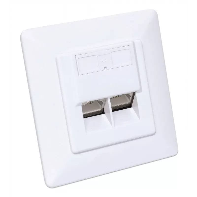 Tomada de parede RJ45 blindada Intellinet 2 portas Cat6 10G, montagem encastrada com moldura, STP, Branco sinal RAL9003