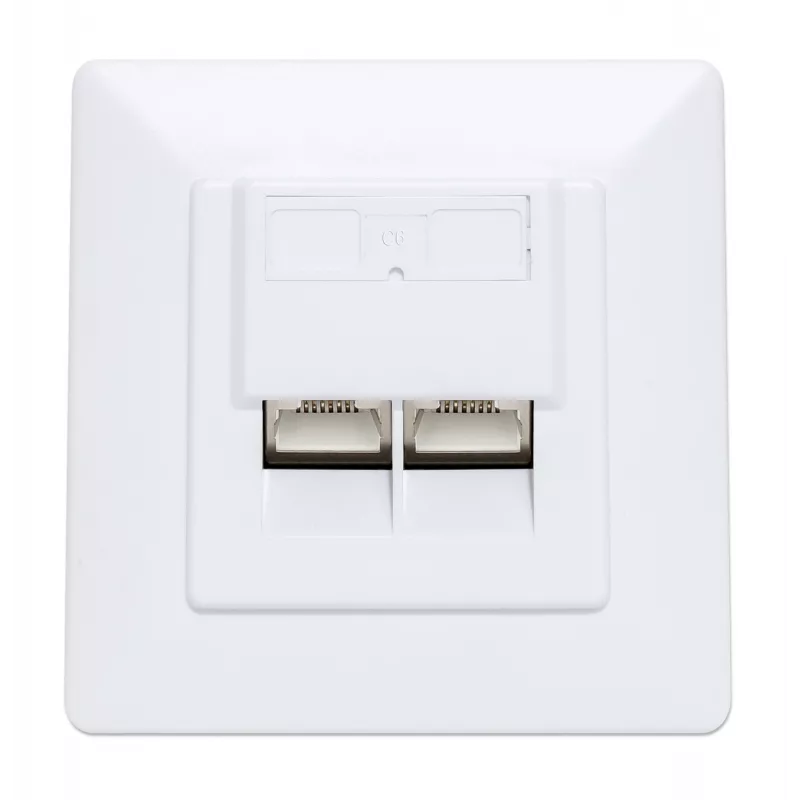 Tomada de parede RJ45 blindada Intellinet 2 portas Cat6 10G, montagem encastrada com moldura, STP, Branco sinal RAL9003