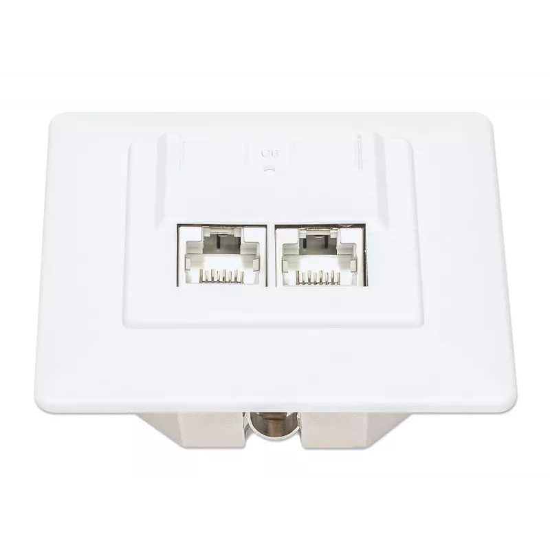 Tomada de parede RJ45 blindada Intellinet 2 portas Cat6 10G, montagem encastrada com moldura, STP, Branco sinal RAL9003
