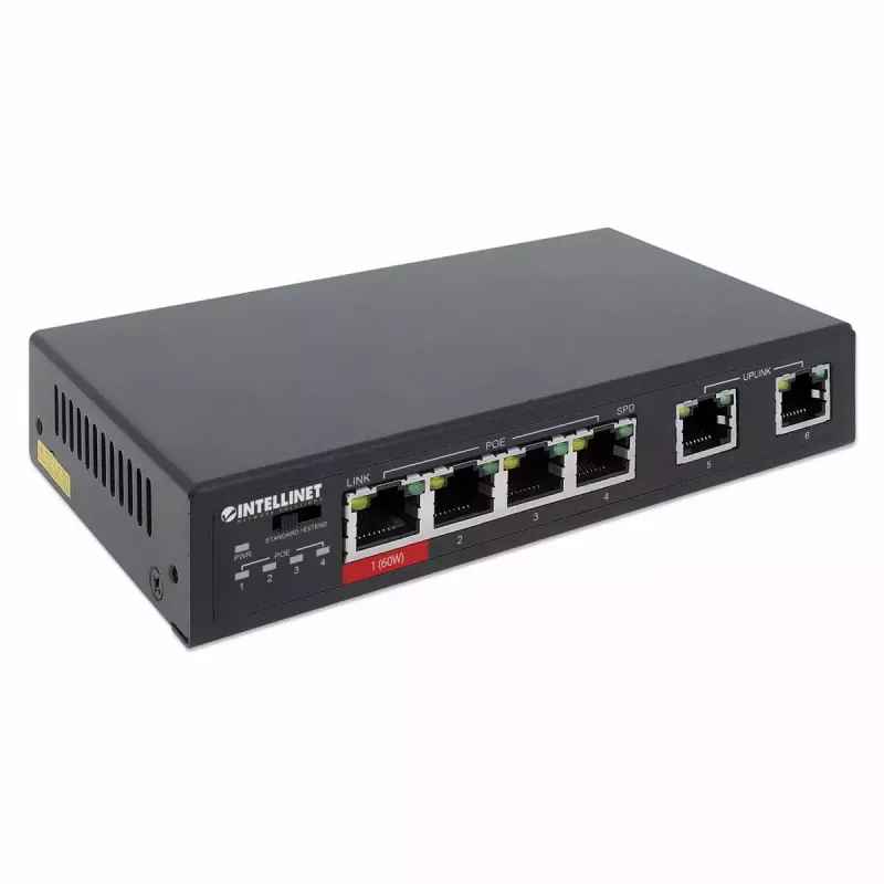 Switch Fast Ethernet Intellinet 6 portas 4 portas PoE 65W Power Budget