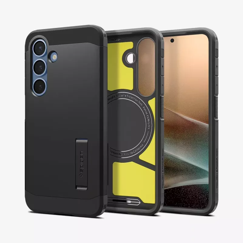 Spigen Galaxy S25 Capa Tough Armor AI Preto Capa com suporte de mesa