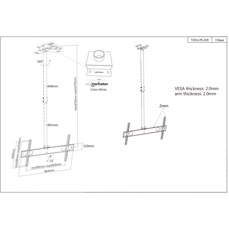 Suporte de teto Manhattan para televisores e monitores, para ecrãs: 37 a 75 polegadas, altura ajustável: 105-156 cm, compatibilidade VESA: todas entre 200x200 e 800x400 mm - verifique as dimensões dos quatro orifícios de fixação na parte traseira do ecrã para garantir que encaixa, máx. 50 kg, LFD, suporte
