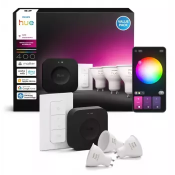 Philips Hue White and Colour Ambience Starterkit: 3 lâmpadas GU10 + interruptor de regulação + Bridge Pro