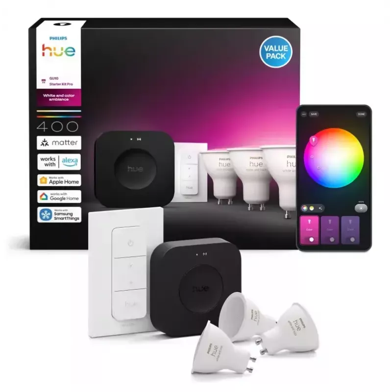 Philips Hue White and Colour Ambience Starterkit: 3 lâmpadas GU10 + interruptor de regulação + Bridge Pro
