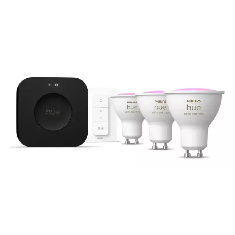 Philips Hue White and Colour Ambience Starterkit: 3 lâmpadas GU10 + interruptor de regulação + Bridge Pro