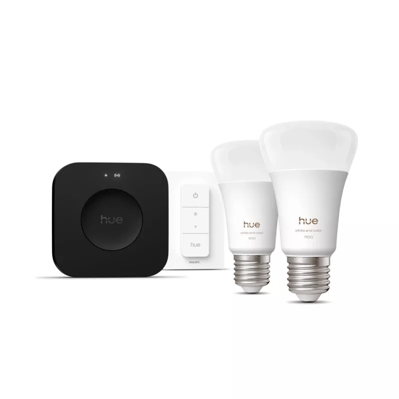 Philips Hue White and colour ambience Starterkit: 2 lâmpadas inteligentes E27 + interruptor de regulação + Bridge Pro