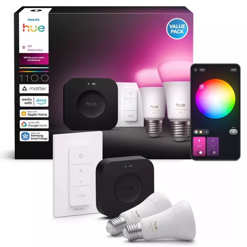 Philips Hue White and colour ambience Starterkit: 2 lâmpadas inteligentes E27 + interruptor de regulação + Bridge Pro