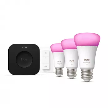 Conjunto de iluminação inteligente Philips Hue White and Colour Ambience Starter Kit — 3 lâmpadas inteligentes E27, interruptor de regulação, Bridge Pro, Bluetooth/Zigbee
