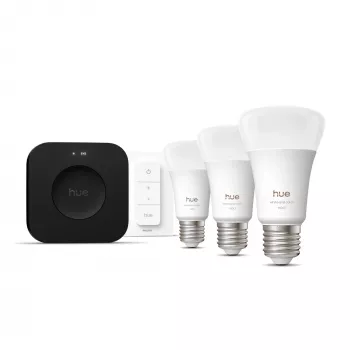 Conjunto de iluminação inteligente Philips Hue White and Colour Ambience Starter Kit — 3 lâmpadas inteligentes E27, interruptor de regulação, Bridge Pro, Bluetooth/Zigbee