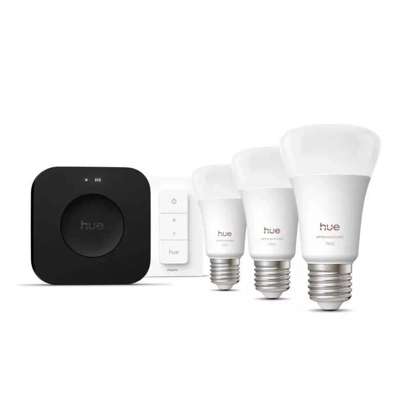 Conjunto de iluminação inteligente Philips Hue White and Colour Ambience Starter Kit — 3 lâmpadas inteligentes E27, interruptor de regulação, Bridge Pro, Bluetooth/Zigbee