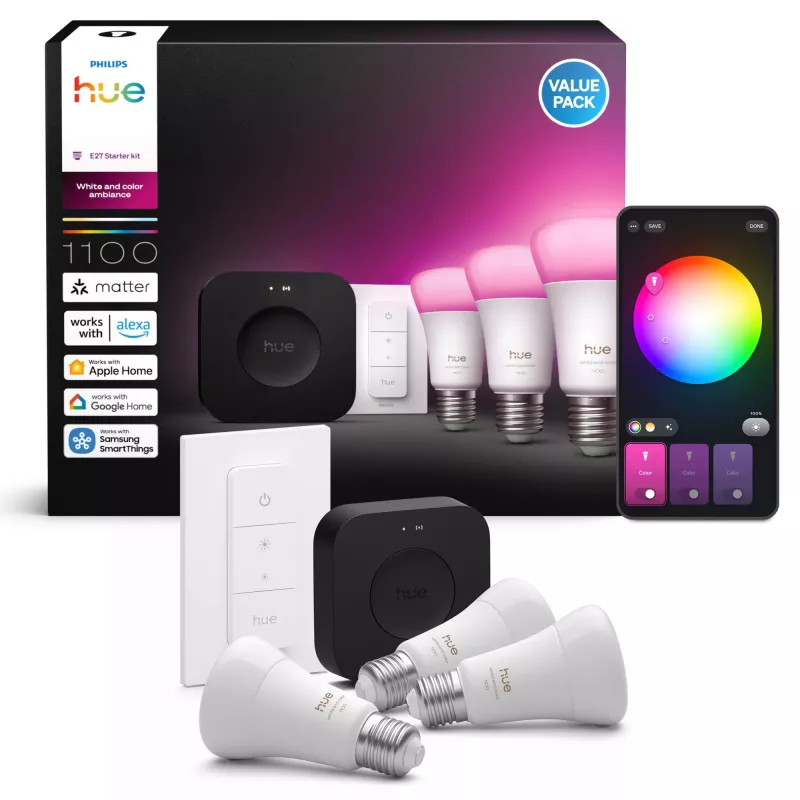 Conjunto de iluminação inteligente Philips Hue White and Colour Ambience Starter Kit — 3 lâmpadas inteligentes E27, interruptor de regulação, Bridge Pro, Bluetooth/Zigbee