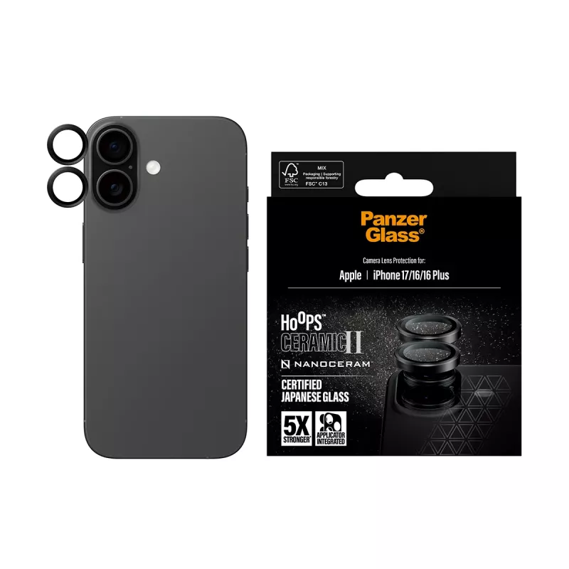 Proteção da câmara PanzerGlass Hoops Ceramic II para iPhone 17 16 16 Plus resistente a riscos resistente a choques