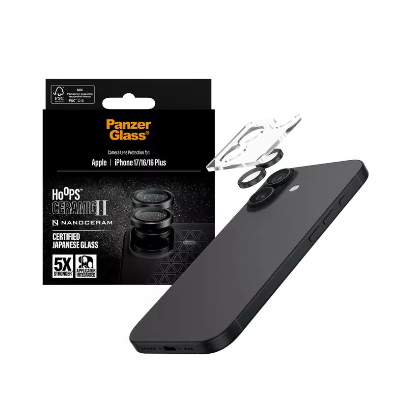 Proteção da câmara PanzerGlass Hoops Ceramic II para iPhone 17 16 16 Plus resistente a riscos resistente a choques