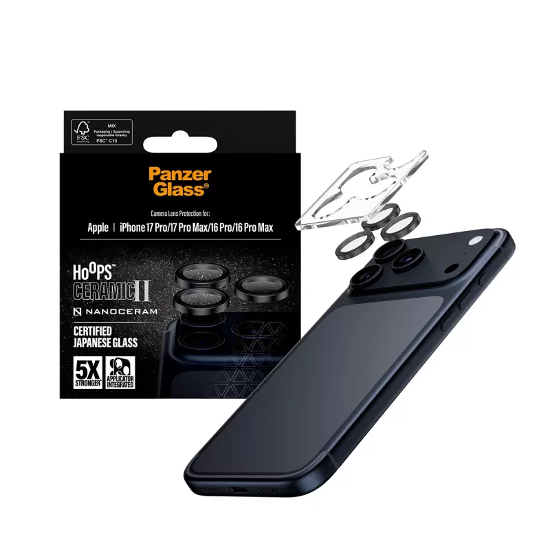PanzerGlass ® Hoops® Ceramic II vidro de proteção das lentes da câmara iPhone 17 Pro | iPhone 17 Pro Max | iPhone 16 Pro | 16 Pro Max