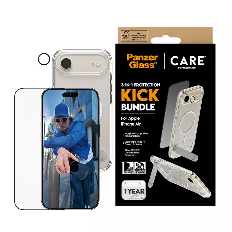 Conjunto de proteção PanzerGlass CARE 3-in-1 Feature Kick para iPhone Air — vidro temperado, PET, silicone, transparente