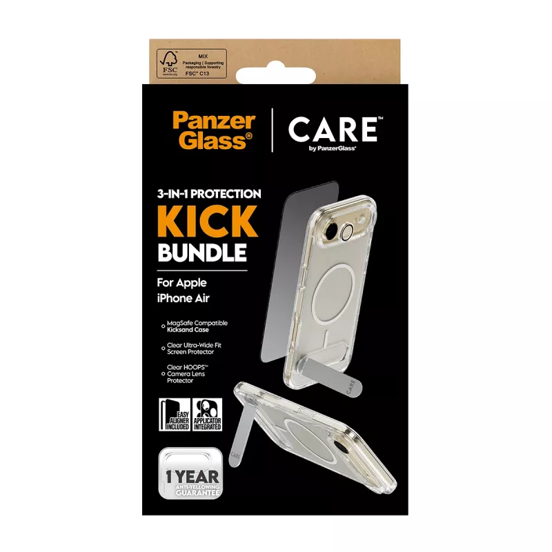 Conjunto de proteção PanzerGlass CARE 3-in-1 Feature Kick para iPhone Air — vidro temperado, PET, silicone, transparente