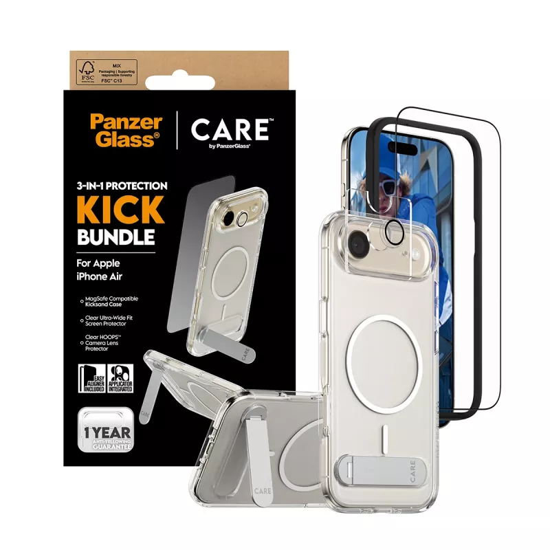 Conjunto de proteção PanzerGlass CARE 3-in-1 Feature Kick para iPhone Air — vidro temperado, PET, silicone, transparente