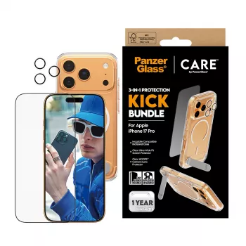 Capa de proteção PanzerGlass CARE Feature Kick 3w1 para iPhone 17 Pro com cobertura de câmara em vidro