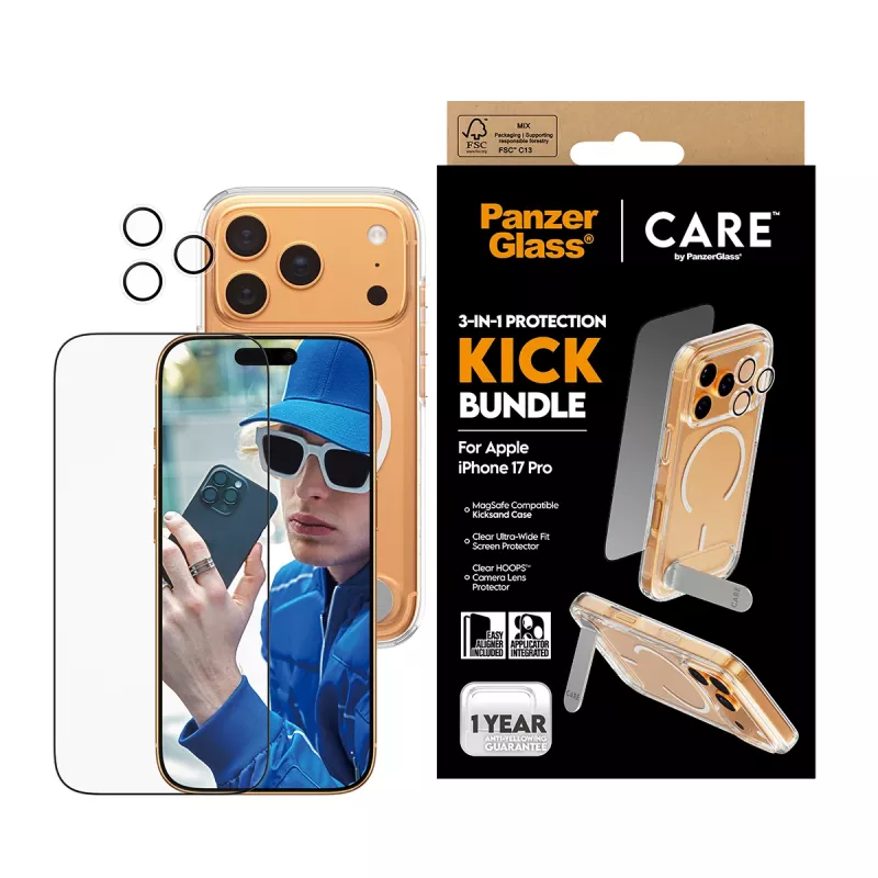 Capa de proteção PanzerGlass CARE Feature Kick 3w1 para iPhone 17 Pro com cobertura de câmara em vidro