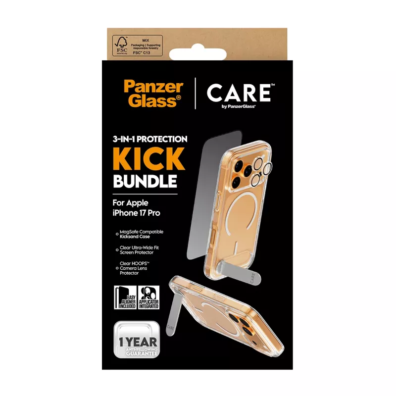 Capa de proteção PanzerGlass CARE Feature Kick 3w1 para iPhone 17 Pro com cobertura de câmara em vidro