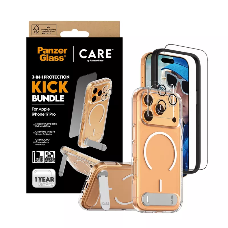 Capa de proteção PanzerGlass CARE Feature Kick 3w1 para iPhone 17 Pro com cobertura de câmara em vidro