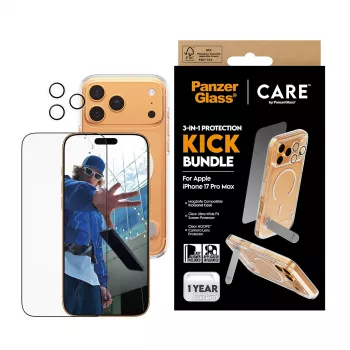 Conjunto de proteção de ecrã e capa PanzerGlass CARE 3-in-1 Feature Kick para iPhone 17 Pro Max — vidro temperado, PET, silicone, transparente