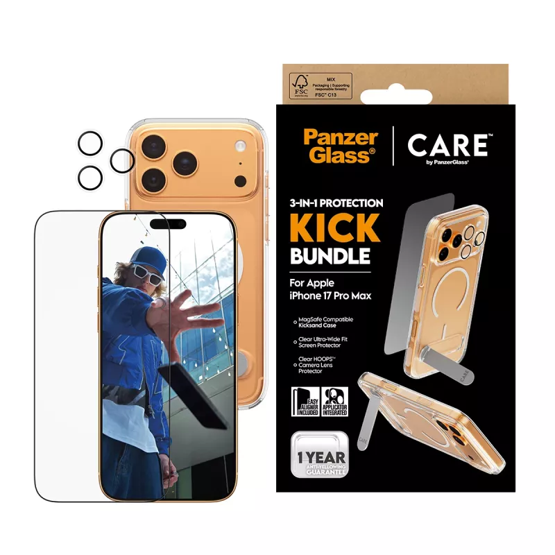Conjunto de proteção de ecrã e capa PanzerGlass CARE 3-in-1 Feature Kick para iPhone 17 Pro Max — vidro temperado, PET, silicone, transparente
