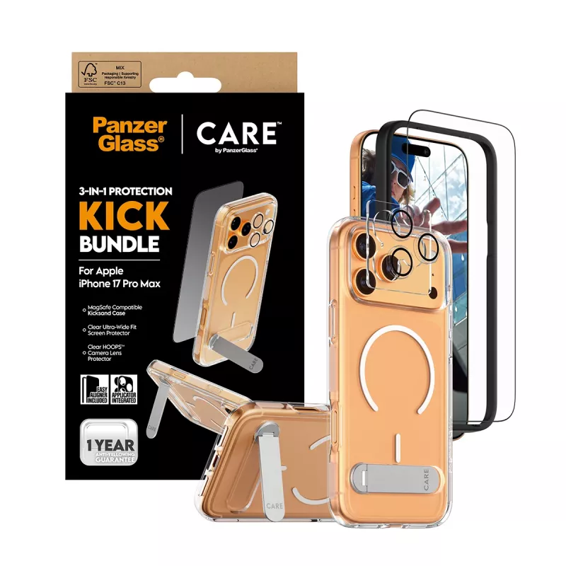 Conjunto de proteção de ecrã e capa PanzerGlass CARE 3-in-1 Feature Kick para iPhone 17 Pro Max — vidro temperado, PET, silicone, transparente