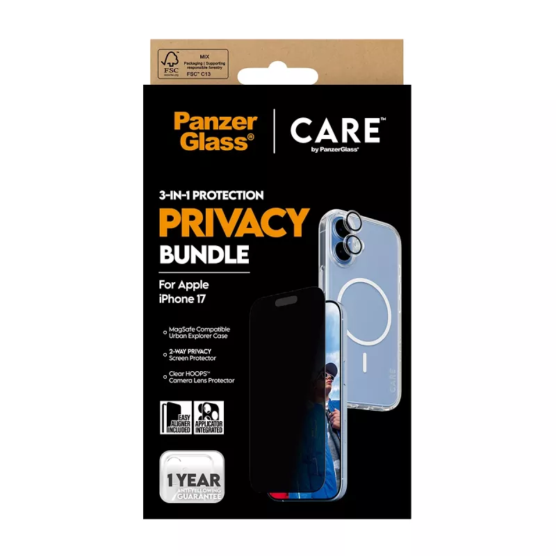 Capa de proteção PanzerGlass Case CARE para iPhone 17 com proteção de privacidade, funcionalidade 3-in-1