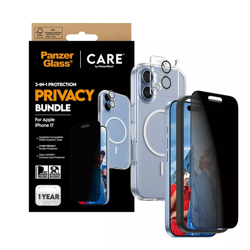 Capa de proteção PanzerGlass Case CARE para iPhone 17 com proteção de privacidade, funcionalidade 3-in-1