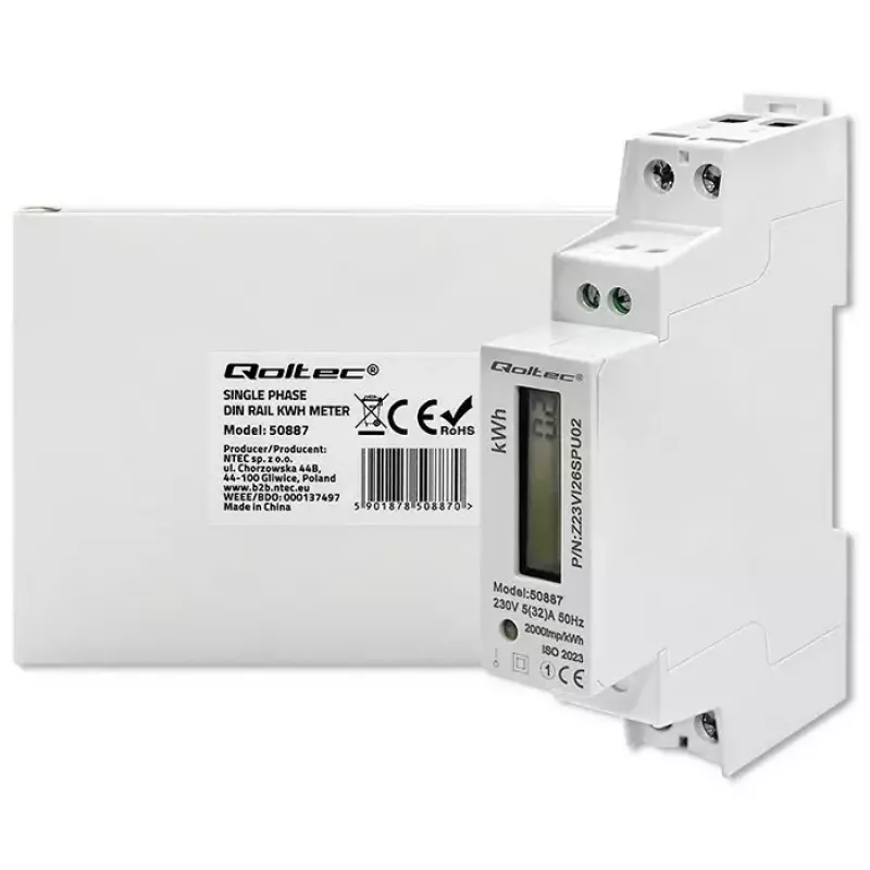 Contador de eletricidade monofásico QOLTEC 50887 1 fase 230V LCD fino