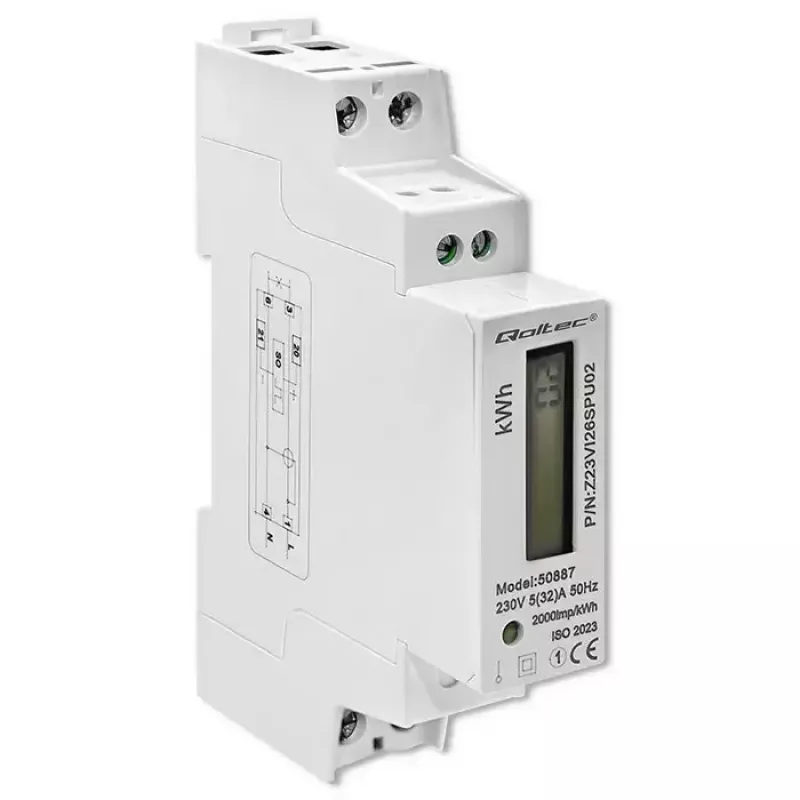 Contador de eletricidade monofásico QOLTEC 50887 1 fase 230V LCD fino