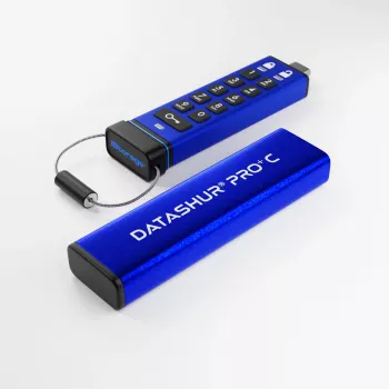 iStorage datAshur PRO+C 128GB | Certificado FIPS 140-3 Nível 3 | Unidade USB Type-C segura | Encriptação de hardware AES-XTS 256 bits | Protegida por PIN | Adaptador Type-C para A incluído