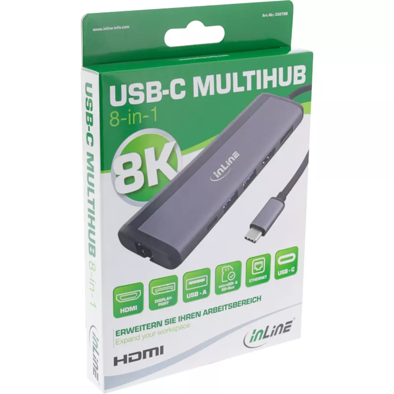 Multihub USB-C 8-em-1 InLine, HDMI, DP, USB 3.2, PD 3.0 100W, MST