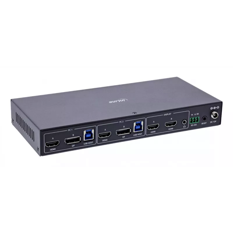 InLine 57885G Switch KVM, 2 vias, HDMI & DP, monitor duplo, 4K60Hz, hub USB, preto