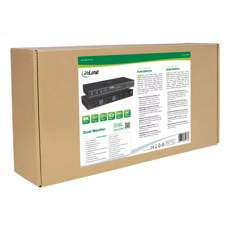InLine 57885G Switch KVM, 2 vias, HDMI & DP, monitor duplo, 4K60Hz, hub USB, preto