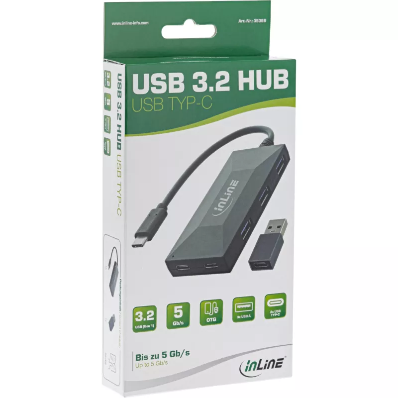 InLine Hub USB 3.2 Gen.1, USB-C para 2 portas USB-C e 3 portas USB-A, sem fonte de alimentação