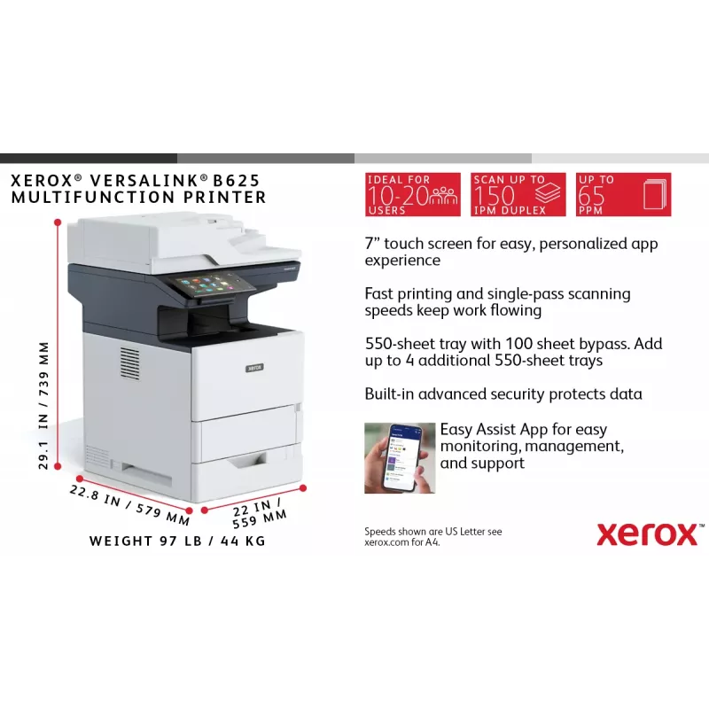 Xerox VersaLink B625 A4 61ppm cópia/impressão/digitalização/fax frente e verso PS3 PCL5e/6 2 bandejas de papel 650 folhas