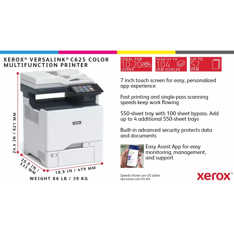 Xerox VersaLink C625 A4 50ppm cópia/impressão/digitalização/fax frente e verso PS3 PCL5e/6 2 bandejas de papel 650 folhas