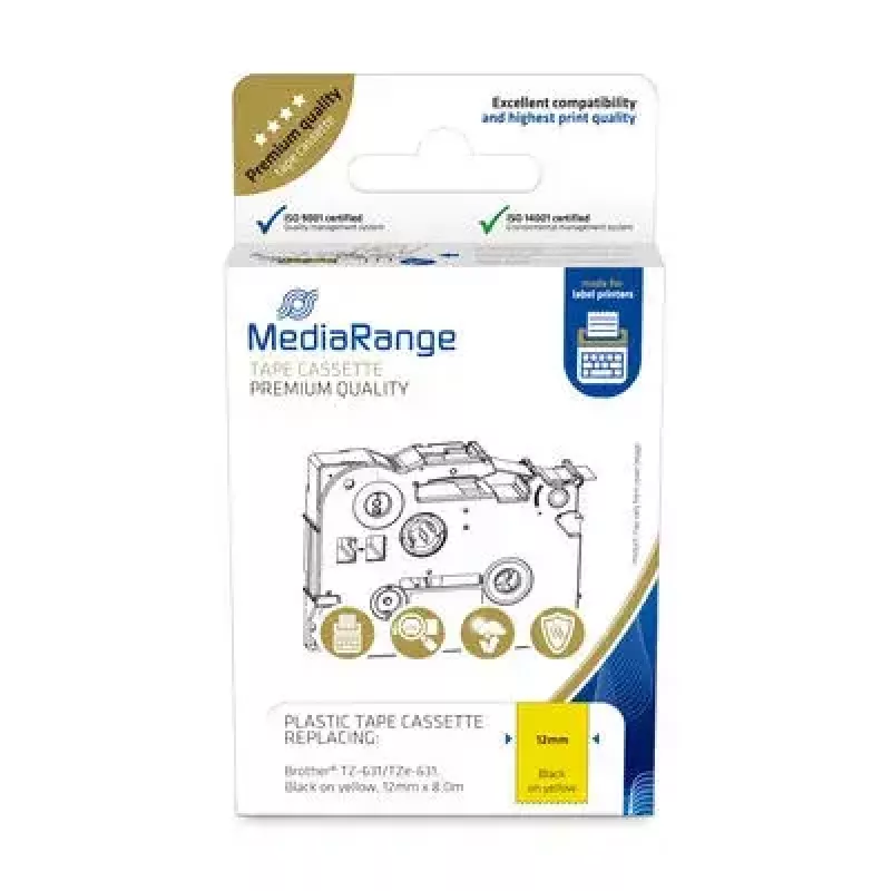 Cassete de fita plástica MediaRange TZ-631 12 mm preto sobre amarelo