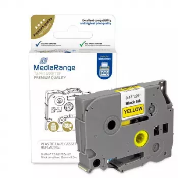 Cassete de fita plástica MediaRange TZ-631 12 mm preto sobre amarelo