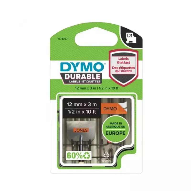 Etiquetas DYMO Authentic D1 de longa duração | Impressão preta em fita laranja | 12 mm x 3 m | Fita de etiquetas de alto desempenho para impressoras de etiquetas LabelManager