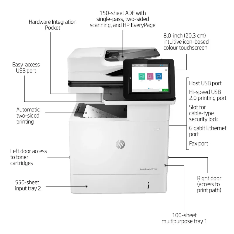 HP LaserJet Enterprise MFP M635h, Laser, Impressão mono, 1200 x 1200 DPI, Cópia mono, A4, Preto, Branco