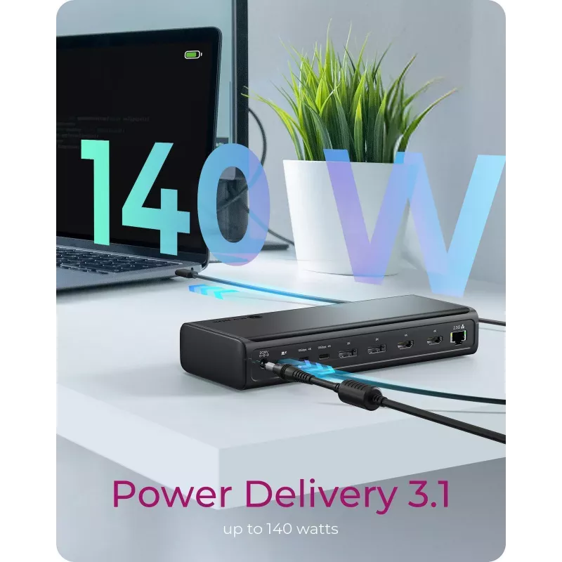 Estação de acoplamento ICY BOX IB-DK7401-CU31 USB-C 17 em 1, 6 saídas de vídeo, 8K, DisplayLink, USB 3.2 Gen 2, 140 W PD 3.1, 2,5 GbE, SD/microSD, preta