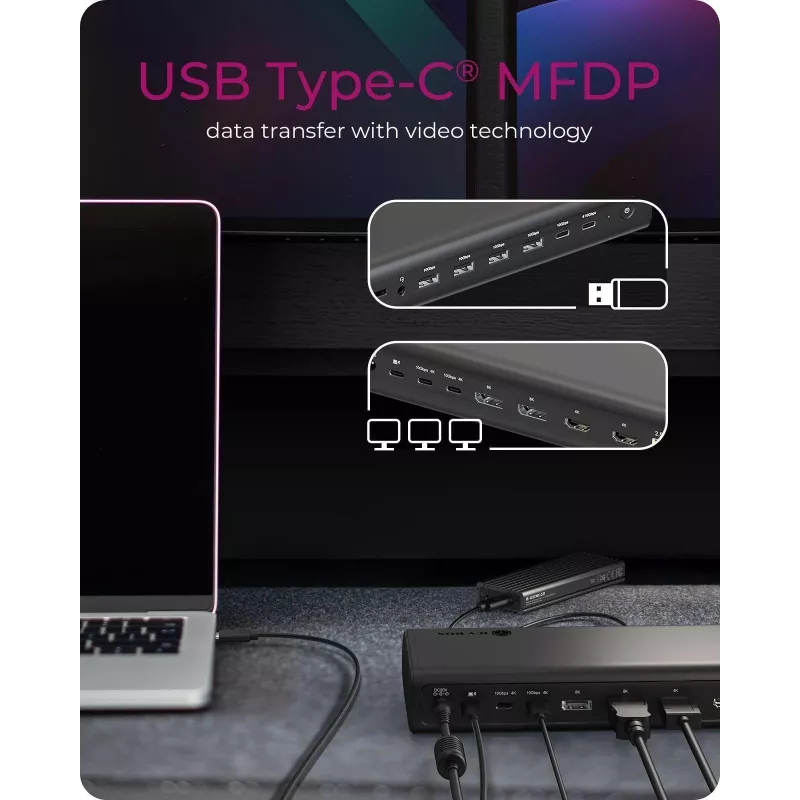Estação de acoplamento ICY BOX IB-DK7401-CU31 USB-C 17 em 1, 6 saídas de vídeo, 8K, DisplayLink, USB 3.2 Gen 2, 140 W PD 3.1, 2,5 GbE, SD/microSD, preta