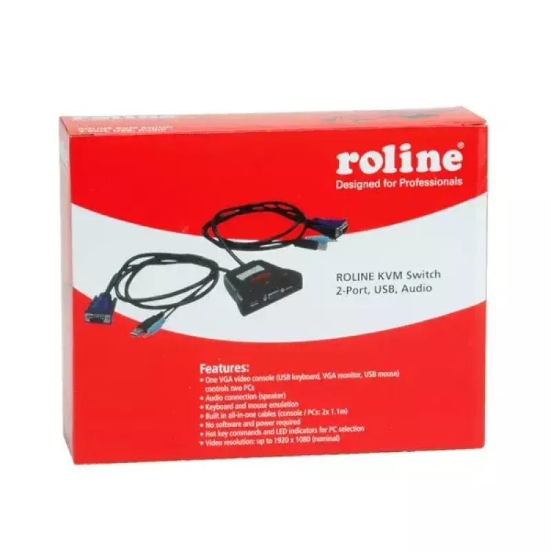 Comutador KVM ROLINE Star, 1 utilizador, 2 PCs, áudio, USB